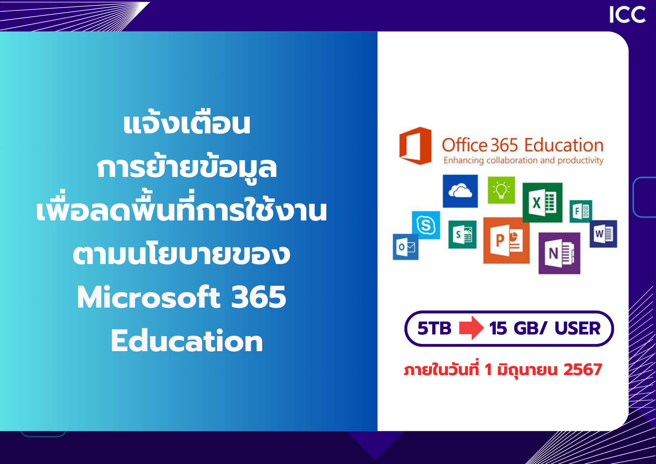 แจ้งเตือนการย้ายข้อมูลเพื่อลดพื้นที่การใช้งาน ตามนโยบายของ Microsoft 365 Education